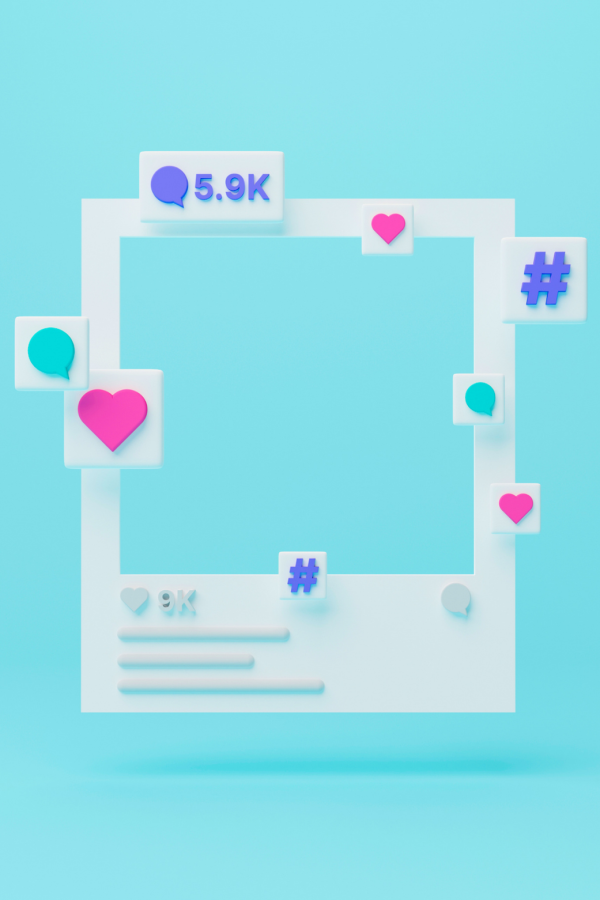 3D render of a stylized social media post interface floating.